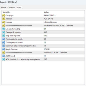 ADX MT4 EA v3, ADX Expert Advisor Inputs Parameters