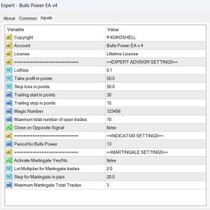 Bulls Power EA v4 Input Parameters, Bulls Power Expert Advisor for Metatrader 4, Bulls Power MT4 EA