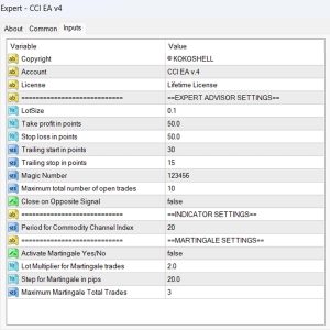 CCI MT4 Expert Advisor v4 MT4 Input Parameters