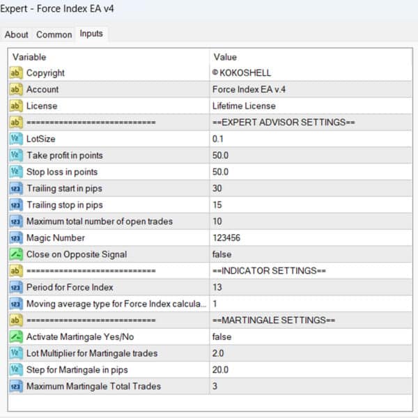 Force Index EA v4 MT4 Input Parameters