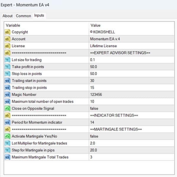 Momentum EA v4 MT4 Input Parameters