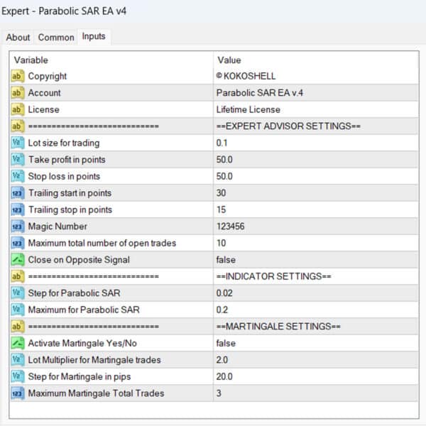 Parabolic SAR EA v4 MT4 Input Parameters