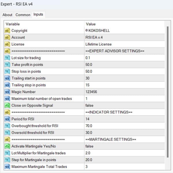 RSI EA v4 MT4 Input Parameters