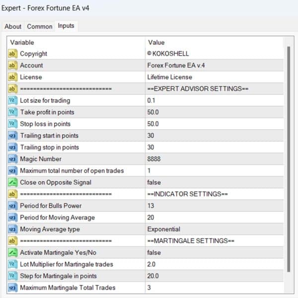 Forex Fortune EA v4 Input Parameters