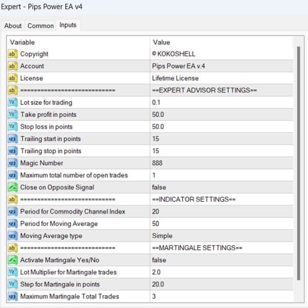 Pips Power EA v4 Input Parameters, Pips Power Metatrader 4 Expert Advisor