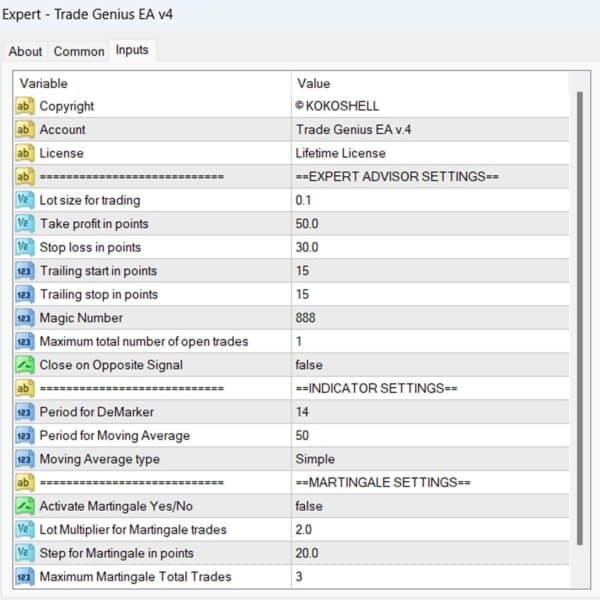 Trade Genius EA v4 Input Parameters