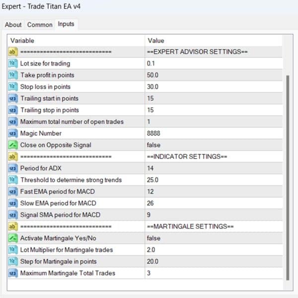 Trade Titan EA v4 Input Parameters