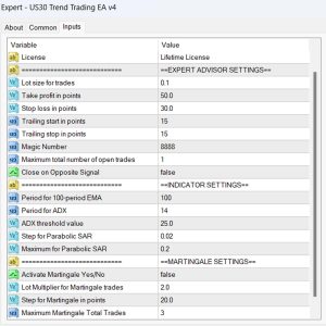 US30 Trend Trading EA v4 Input Parameters