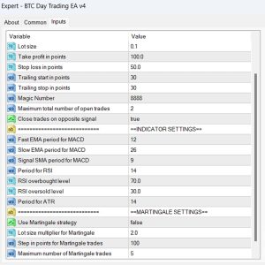 BTC Day Trading Metatrader 4 Expert Advisor, BTC Day Trading EA v4 Input Parameters