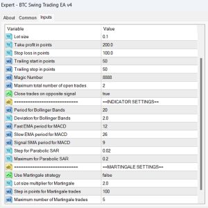BTC Swing Trading Metatrader 4 Expert Advisor, BTC Swing Trading EA v4 Input Parameters