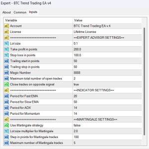 BTC Trend Trading EA v4 Input Parameters