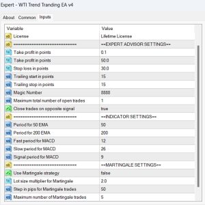WTI Trend Trading Metatrader 4 Expert Advisor, WTI Trend Trading EA v4 Input Parameters